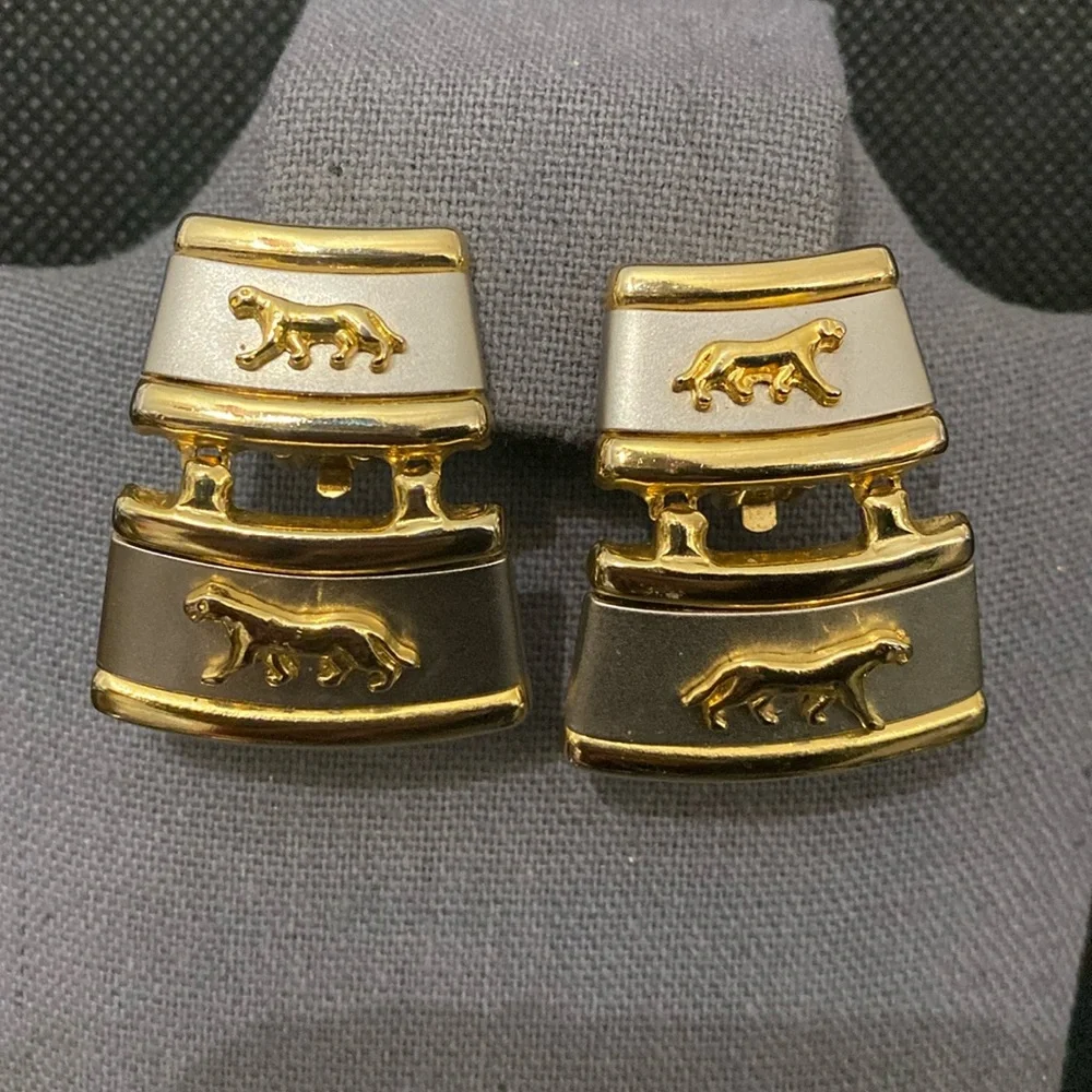Vintage silver & gold tone dangling clip-on earrings with tiger design - Picture 1 of 4